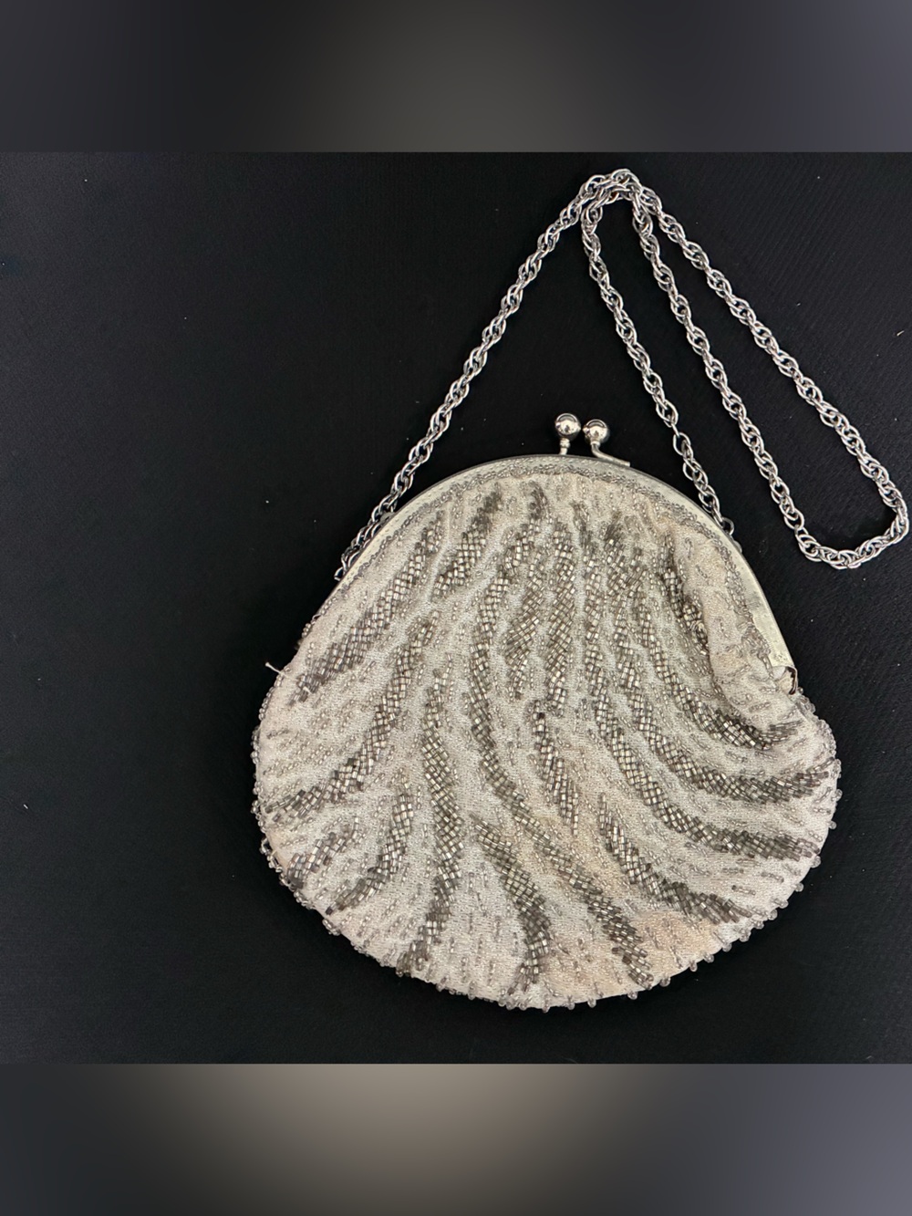 VTG 50s 60s Hand Beaded Silver Swirl Evening Bag Purse Hong Kong Cocktail Weddin